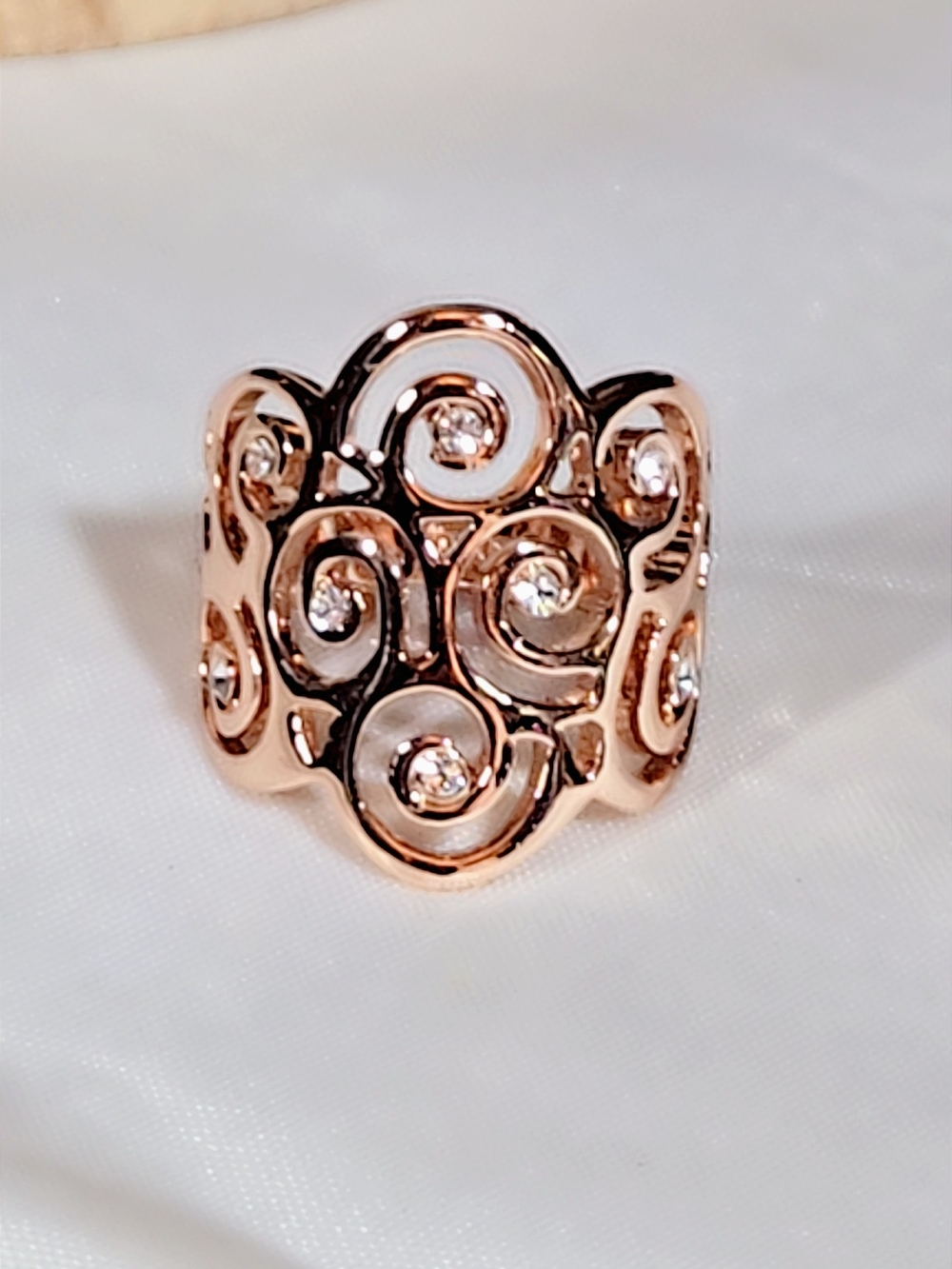 Rose Gold Swirl Crystal Accent Wide Band Ring
